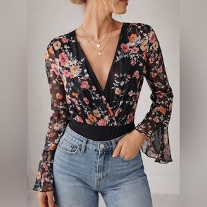 Fairycore Floral Sheer Sleeve Bodysuit M Witchy Boho Deep V Ruffle Cottagecore